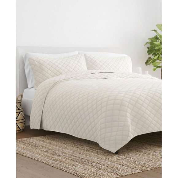 NWT Noble Linens Season 3 Piece Diamond Stitch Quilt Set Off White Full / Queen